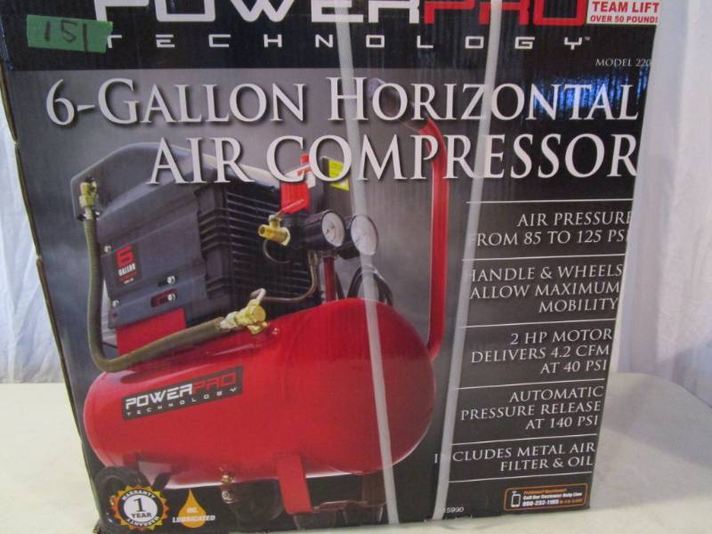 lot 151 image: Power Pro Technology 6 Gallon Horizontal Air Compressor