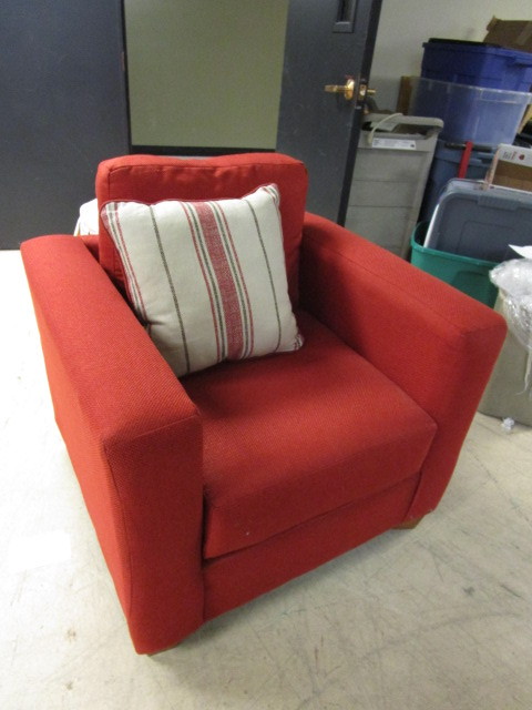 lot 203 image: RED ARMCHAIR WITH THROW PILLOW