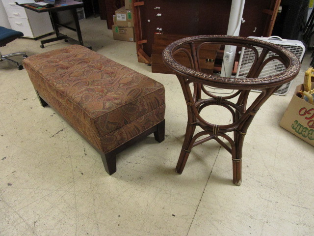 lot 224 image: UPHOLSTERED BENCH AND RATTAN TABLE BASE