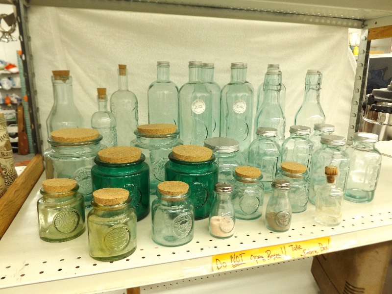 lot 31 image: Large Lot of Vidrios San Miguel etc. Recycled Glass Decanters, Jars, etc.