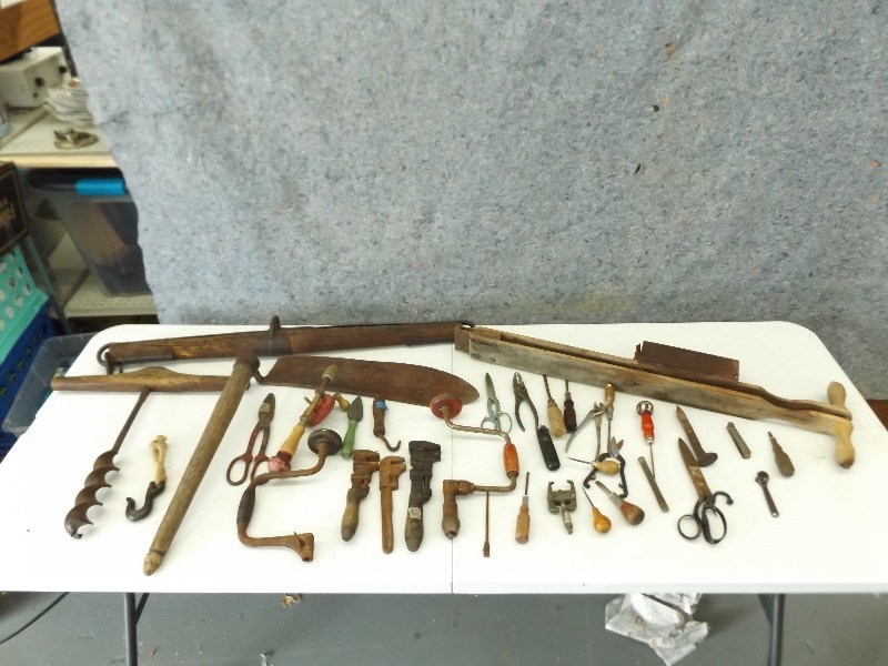 lot 89 image: Large Lot of Antique Tools, Amish Weed Whip, etc.