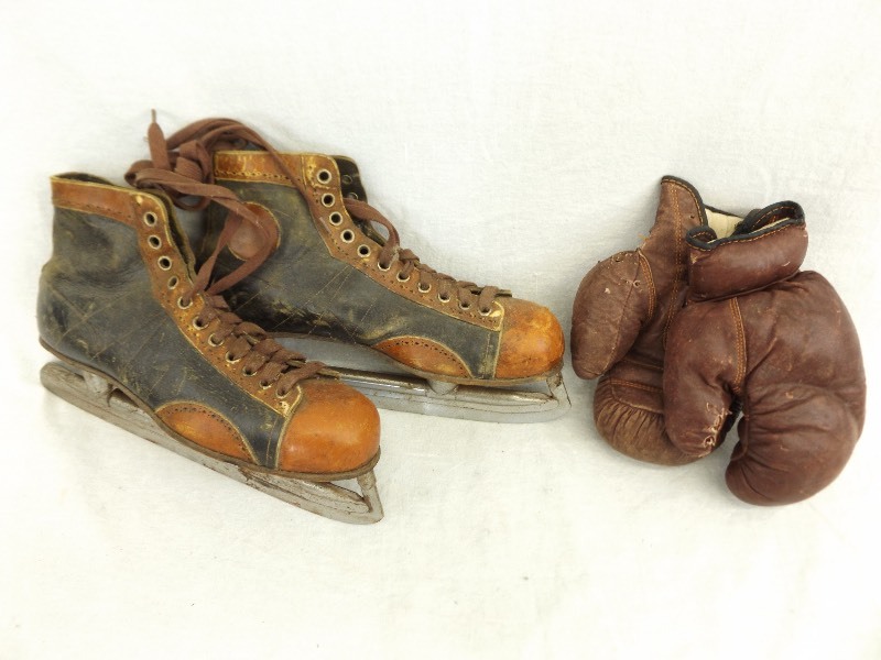 lot 124 image: Vintage Sports Decor Lot with Ice Skates and Boxing Gloves