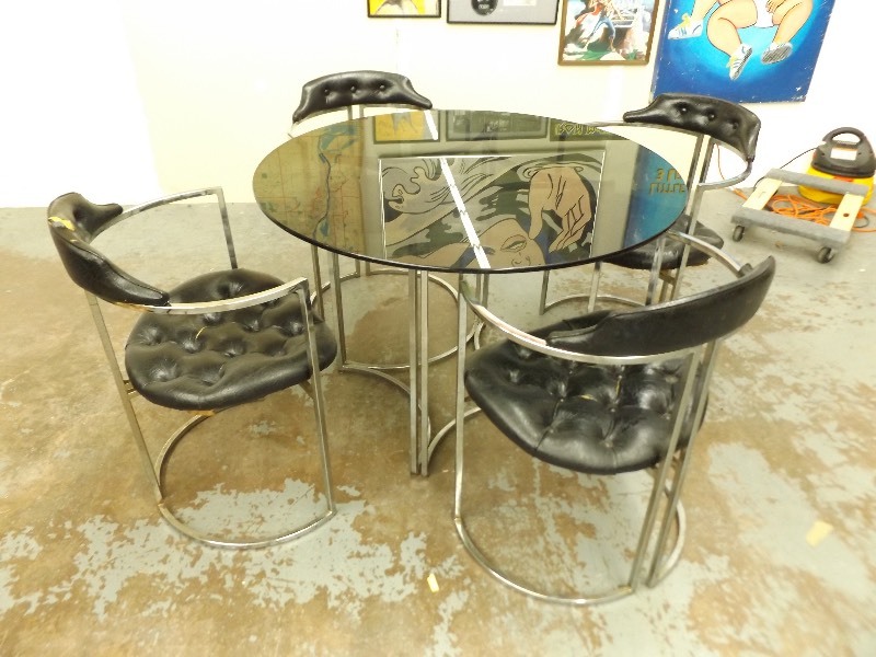 lot 159 image: Vintage Milo Baughman Glass Top Black And Chrome Table and 4 Chairs