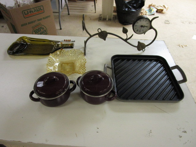 lot 341 image: GLASS WARE, COOK WARE AND A CLOCK