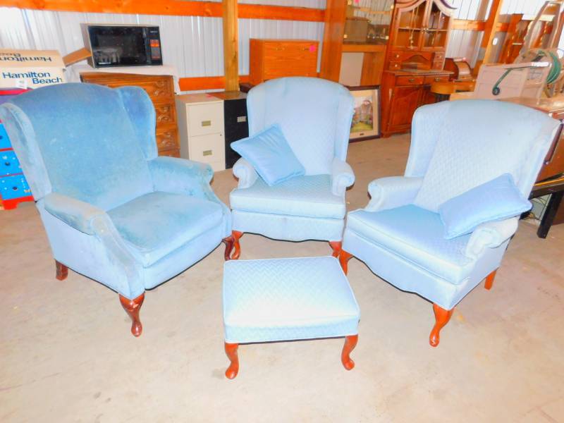 lot 14 image: 3 Blue Chairs, Foot Stool