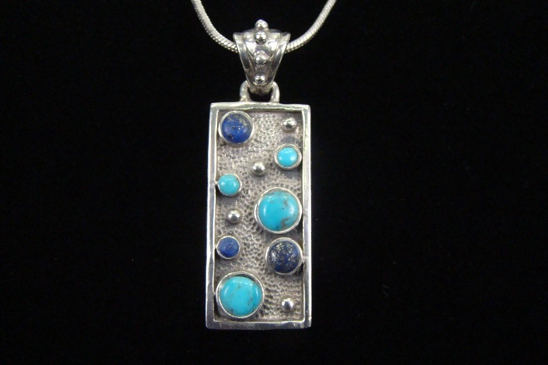 .925 Sterling Silver Turquoise and Lapis Lazuli Cabochon Necklace Pendant