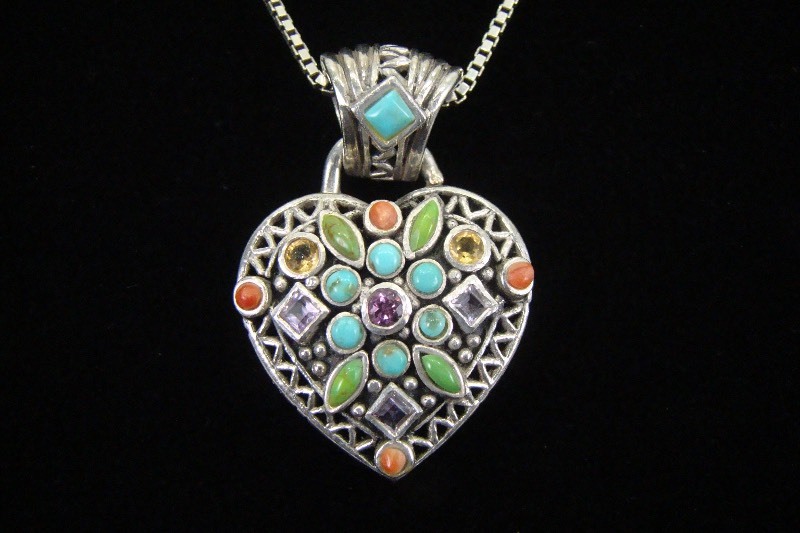 .925 Sterling Silver Multi Stone Heart Pendant Necklace
