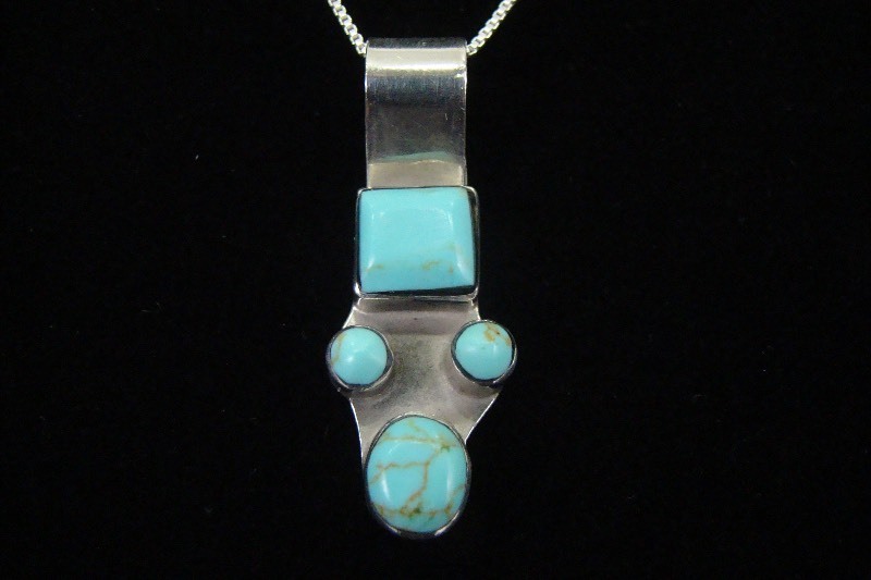 .925 Sterling Silver Multi Turquoise Cabochons Pendant Necklace