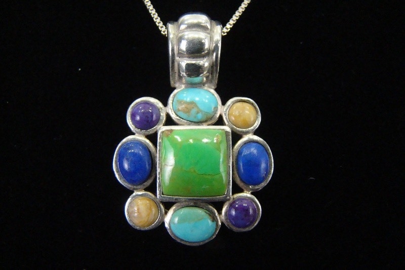 .925 Sterling Silver Multi Stone Cabochon Cluster Pendant Necklace
