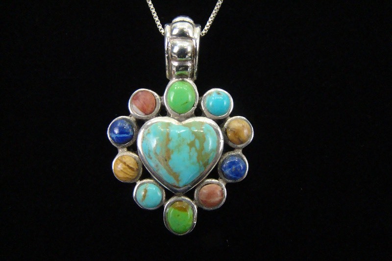 .925 Sterling Silver Multi Stone Cabochon Heart Pendant Necklace