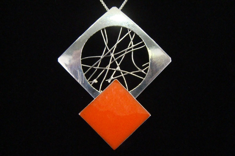 .925 Sterling Silver Retro Orange Artisan Pendant Necklace