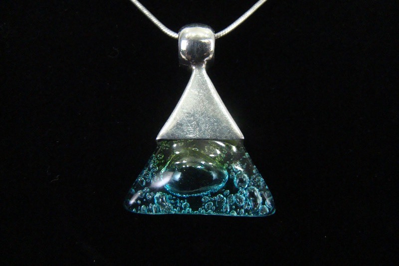.925 Sterling Silver Blue Green Bubble Glass All Seeing Eye Pendant Necklace