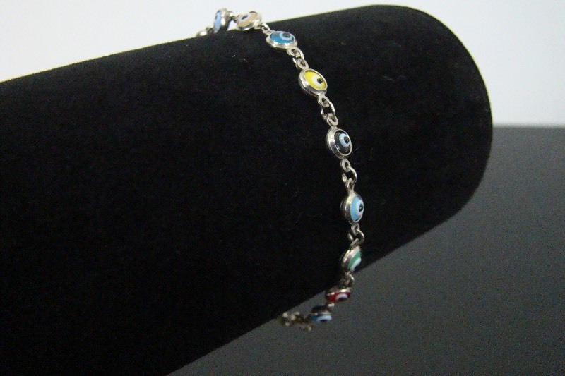 .925 Sterling Silver Multi Colored Glass Lampwork Evil Eye Bracelet