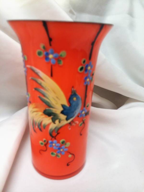 lot 155 image: Vintage Czech Tango Vase, orange with black rim with hand painted