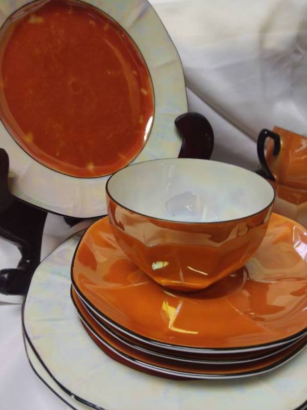 lot 158 image: Vintage Czech Orange and opalescent lusterware Tea set for Four with servers