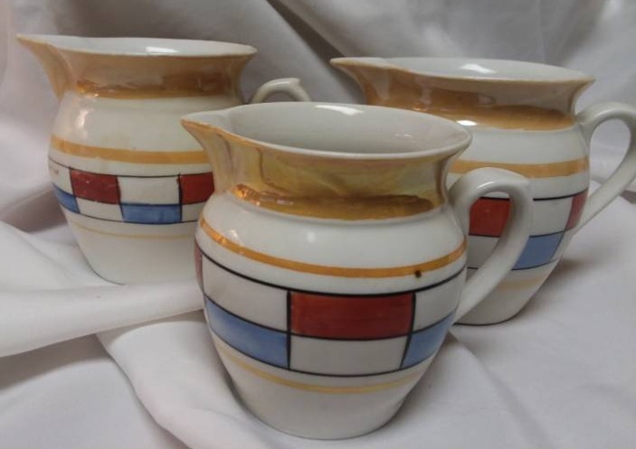 lot 159 image: 3 Czech porcelain lusterware creamers Circa 1930s.