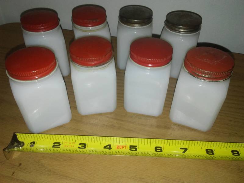 milk glass spice bottles