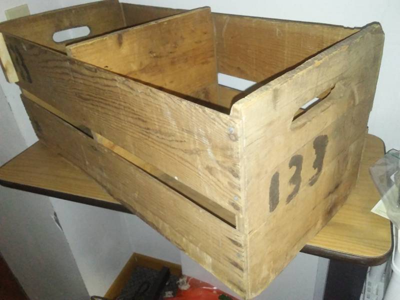 lot 91 image: Double sized wood fruit box crate.