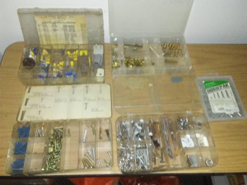 lot 189 image: 5 containers of screws, bolts, electrical and more.