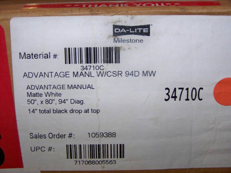 lot 29 image: Da-Lite, Advantage, 94 Diagonal, Manual, Movie  Projection Screen - NEW in Original Box