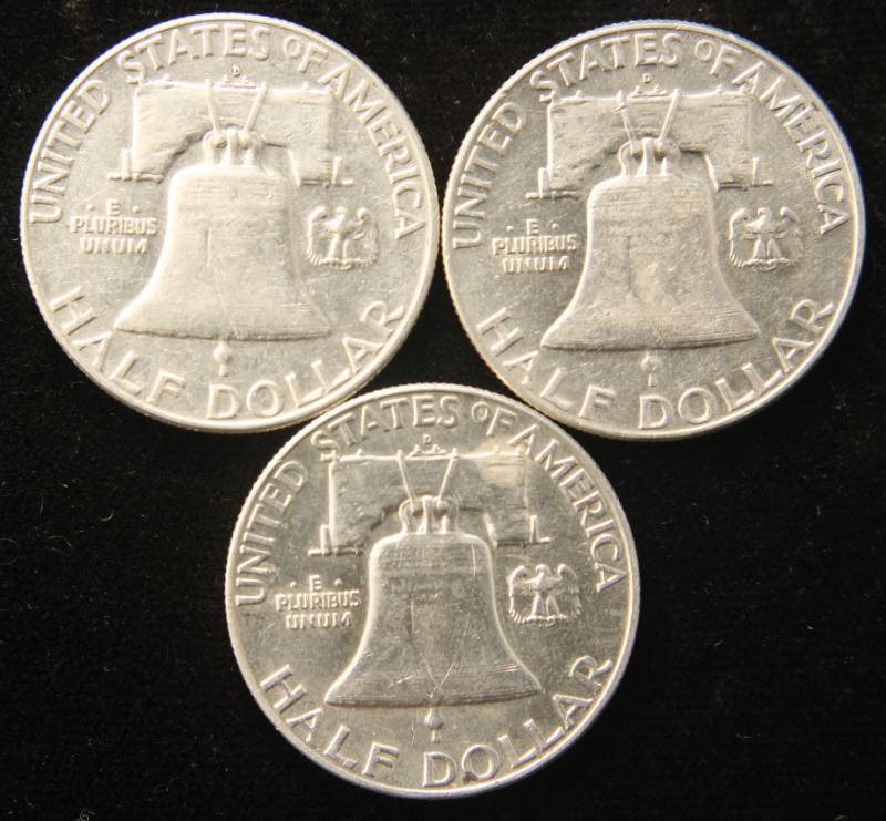 3 AU-UNC 1963-D FRANKLIN SILVER HALF DOLLARS