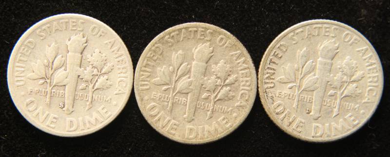 3 BETTER DATE ROOSEVELT DIMES 1949 1949-D 1949-S