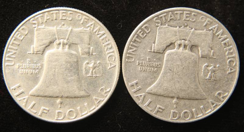 2 FRANKLIN SILVER HALF DOLLARS 1952-D 1963-D