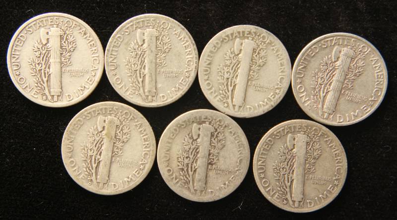 GROUP OF 7 MERCURY DIMES