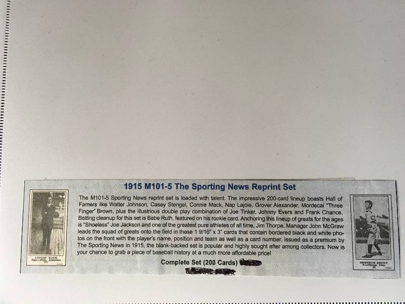 1915 M101-5 The Sporting News MLB Reprint Set