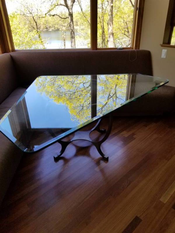 lot 80 image: Tempered Glass Beveled Triangular Dining Table with Iron Base
