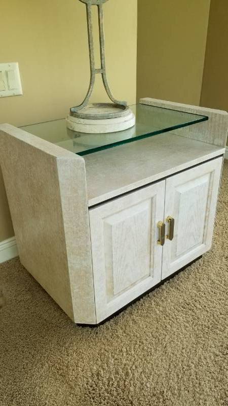lot 82 image: Contemporary Night Stand  Pickled Wood with Tempered Glass Shelf, 2 of 2