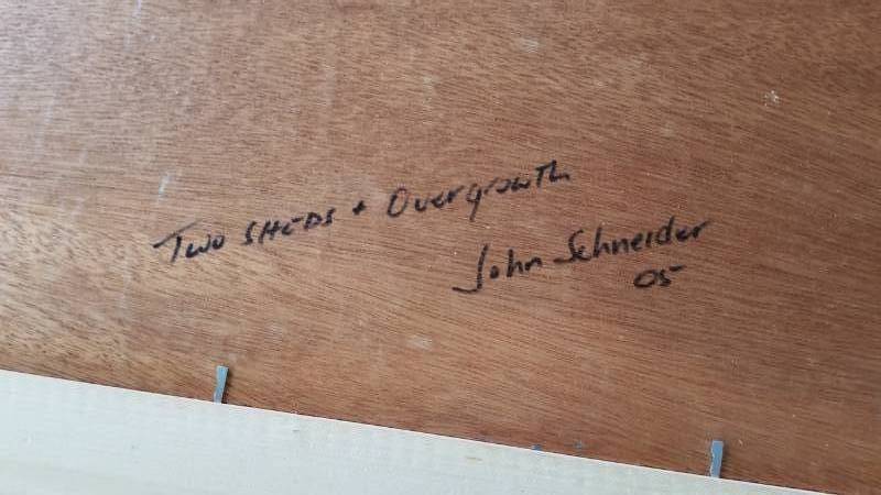 lot 54 image: Original Oil on Board by John Schneider Two Sheds  Overgrowth
