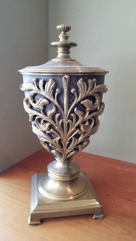 lot 89 image: Antique Brass and Faux Leather Brown Urn from Gabberts