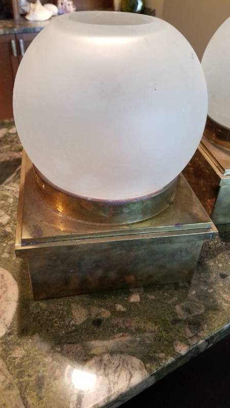 lot 140 image: Vintage Brass and Frosted Glass Candleholders