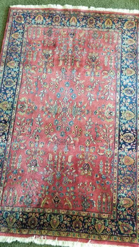 lot 114 image: Wool Area Oriental Rug in Burgundy and Blues, 72 x 46