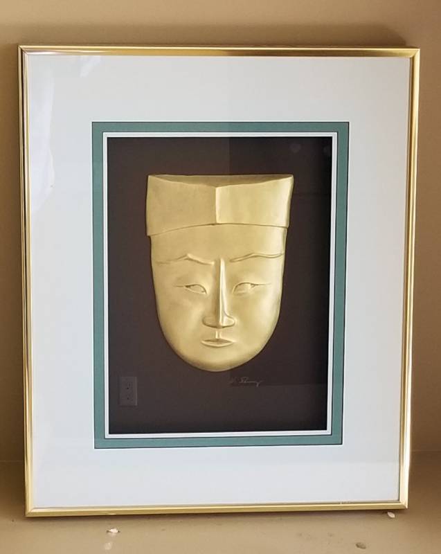 lot 53 image: Framed Asian Paper Mask in Gold Gilt
