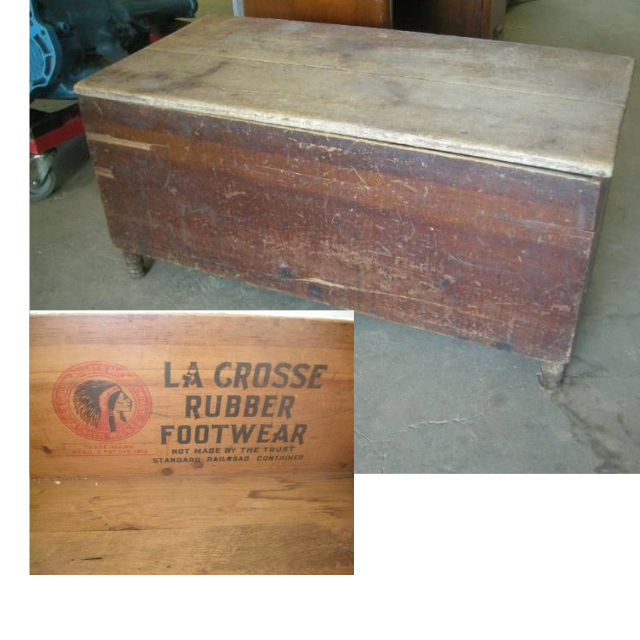 lot 58 image: Vintage LaCrosse Rubber Footwear Wooden Railroad Crate