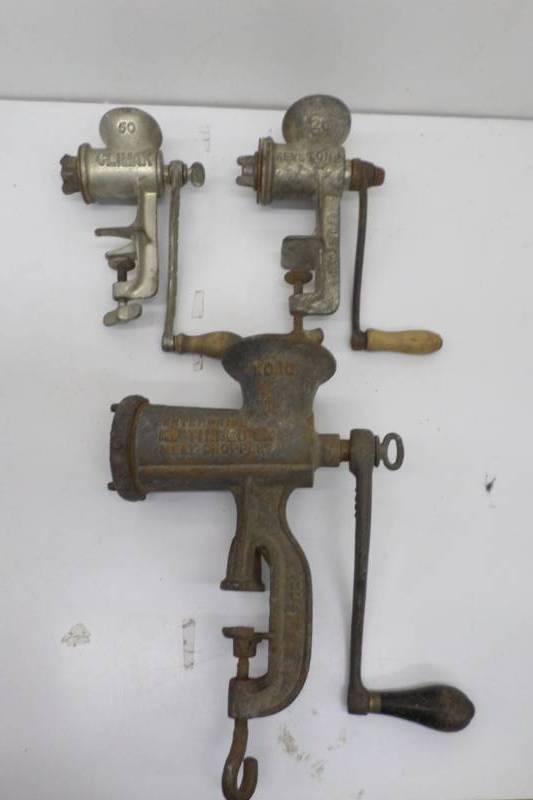 lot 71 image: Lot of 3 Meat Grinders-Enterprise #10, Climax 50, and Keystone 20