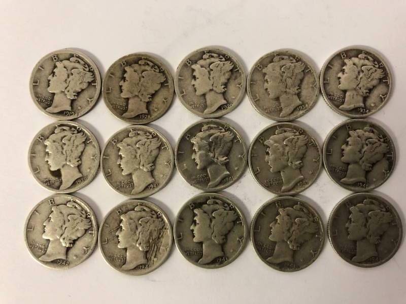 lot 80 image: 15 Mercury Dimes 1919-1943 Varoius Mint Marks