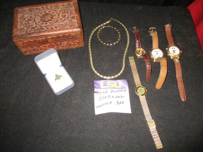 lot 18 image: Ladies Rolex Watch (Mark Off), Mickey Mouse Watches, Gold Plates Sterling Solver Necklace and Bracelet and Looks like a turquios Ring unmarked but looks Sterling and Hand Carved Wood Box