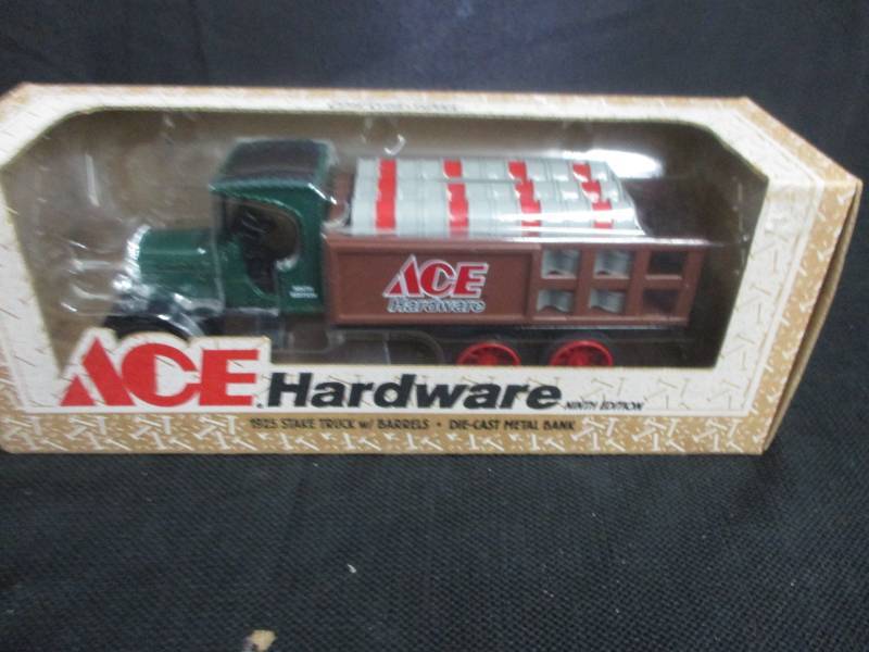 lot 52 image: Ace Hardware 1925 Stake Truck wBarrels Die Cast Metal Bank