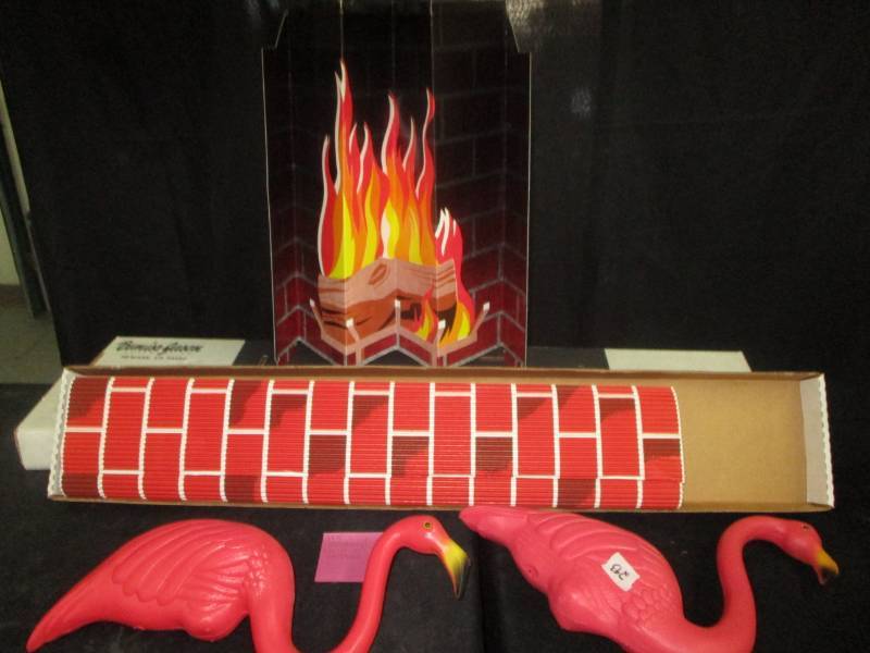 lot 89 image: 1950s Christmas Cardboard Fireplace and 2 Plastic Flamingo Yard Dcor without Pole