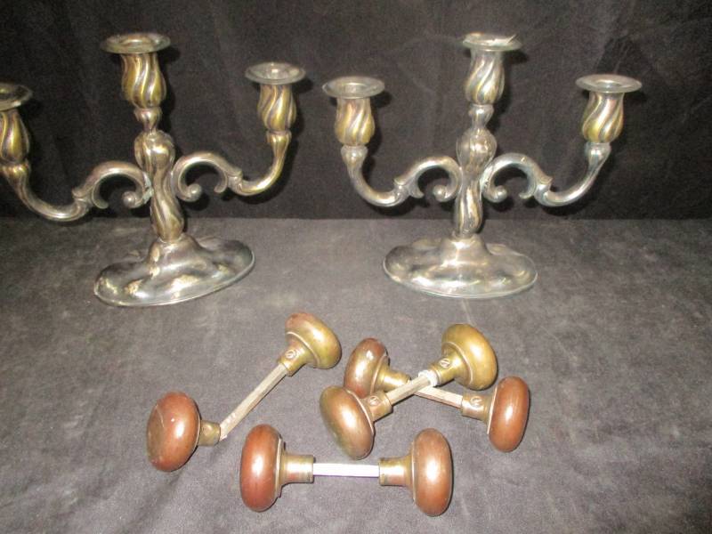 lot 91 image: Two Candleabras and Old door Knobs