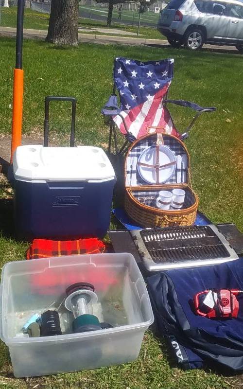 lot 9 image: Coleman Cooler (No Wheels) Model 6852, Camp Stove, 2-Air Beds, Folding Chair, Picnic Basket & Blanket, Tote Of Misc Related (Lantern)