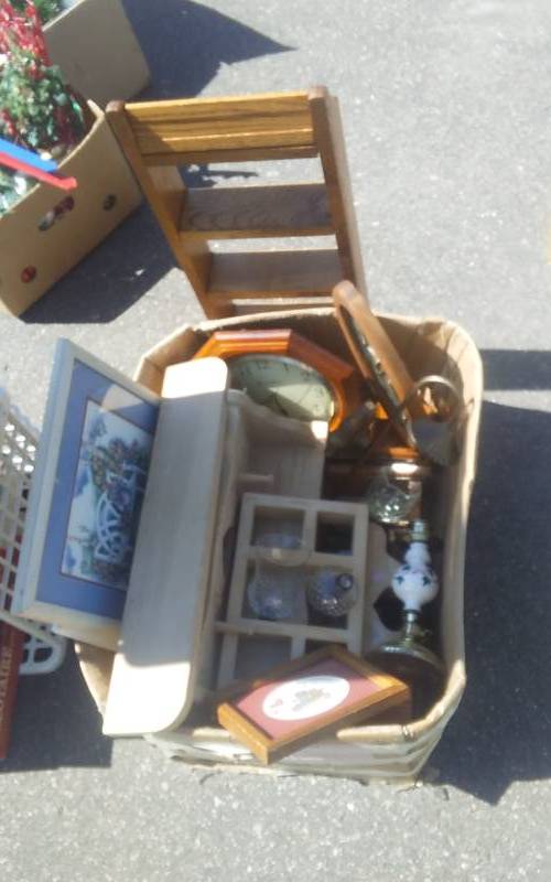 lot 28 image: Box Of Home Decor, Wood Wall Shelves, Shadow Boxes, More