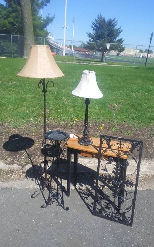 lot 30 image: Floor Lamp, Small Table & Lamp, Metal Stand, Metal Wall Decor