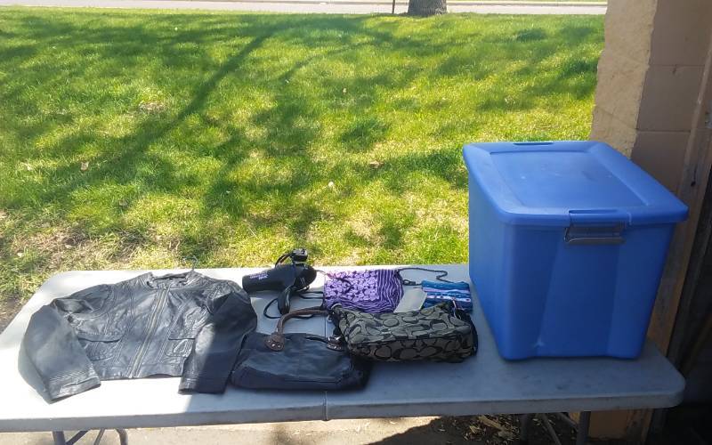 lot 42 image: Tote With Lid, Ladies Jacket Size Large, 2-Purses, 1-COACH Scarf, Beaded Bag, Hair Dryer