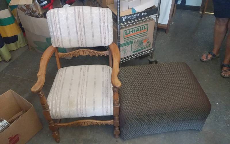 lot 58 image: Vintage Chair With Wood Arms, 1-Skirted Ottoman