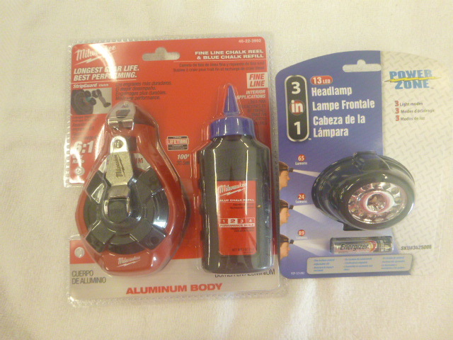 lot 44 image: Milwaukee Fine Line Chalk Reel and Powerzone 3 in 1 Headlamp