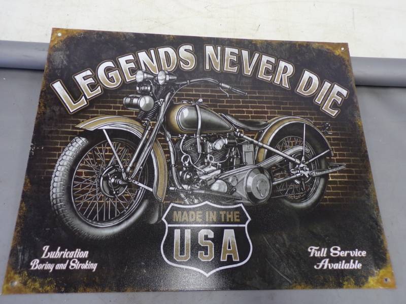 lot 26 image: Legends Never Die Motorcycle Metal Sign
